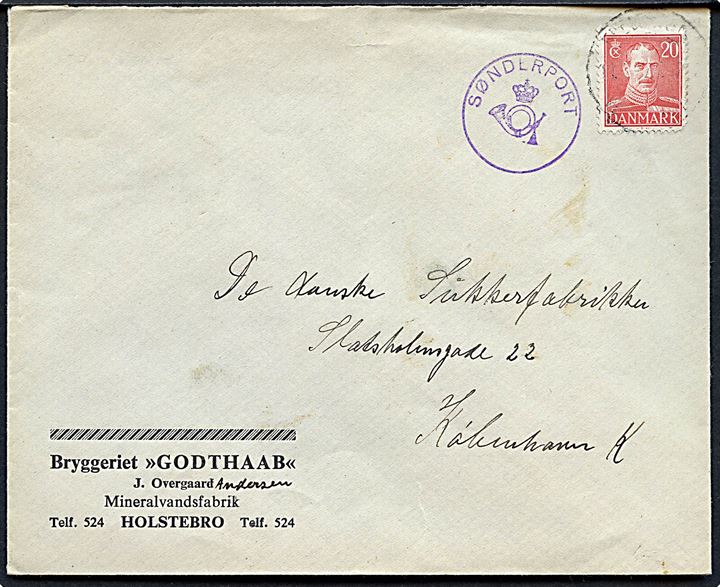 20 øre Chr. X på brev fra Bryggeriet Godthaab annulleret med svagt bureaustempel og sidestemplet posthornstempel SØNDERPORT til København.