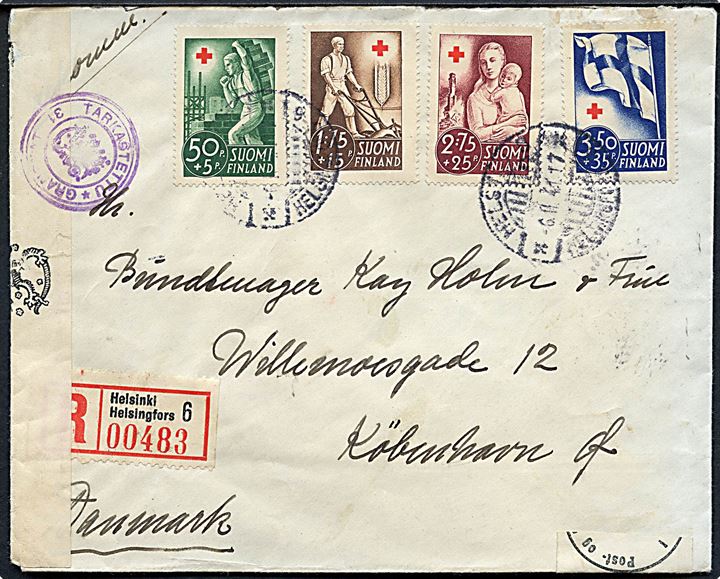 Komplet sæt Røde Kors udg. på anbefalet brev fra Helsingfors d. 6.2.1941 til København, Danmark. Åbnet af dansk og finsk censur.