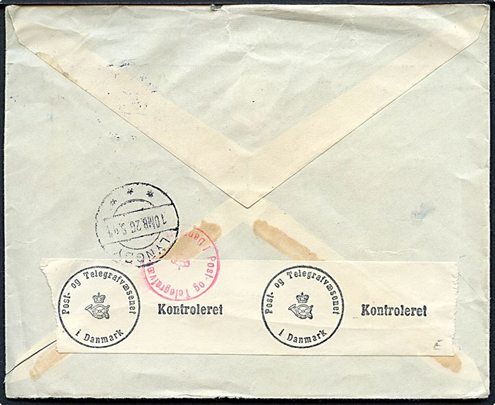 20 öre Gustaf og 60 öre Sjökarta på luftpost ekspresbrev fra Höganäs d. 24.5.1944 til Lyngby, Danmark. Åbnet af dansk censur.