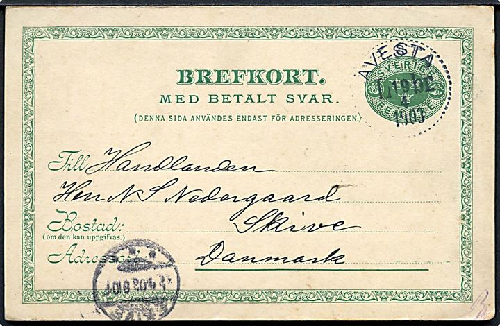 5 öre dobbelt helsagsbrevkort fra Alvesta d. 19.4.1903 til Skive, Danmark. Vedhængende ubenyttet svardel.