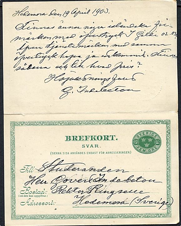 5 öre dobbelt helsagsbrevkort fra Alvesta d. 19.4.1903 til Skive, Danmark. Vedhængende ubenyttet svardel.