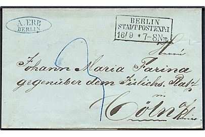 Portobrev med rammestempel Berlin Stadtpostexp:I d. 16.9.18xx til Cöln.