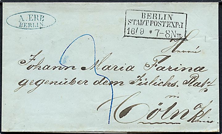 Portobrev med rammestempel Berlin Stadtpostexp:I d. 16.9.18xx til Cöln.