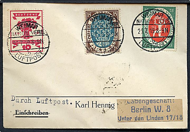 Komplet sæt Weimar udg. på lille luftpostbrev stemplet Weimar National Vers. Luftpost d. 23.7.1919 til Berlin.