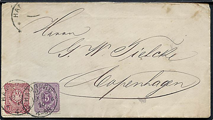 5 pfg. Ciffer og 10 pfg. Adler på brev fra Hamburg d. 19.2.1876 til Kjøbenhavn. Særtakst 15 pfg. fra Hertugdømmerne til Danmark.