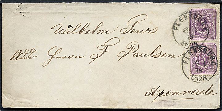 5 pfg. Ciffer i parstykke på brev fra Flensburg d. 25.4.1878 til Apenrade. På bagsiden ank.stemplet med enringsstempel Apenrade d. 26.4.1878.