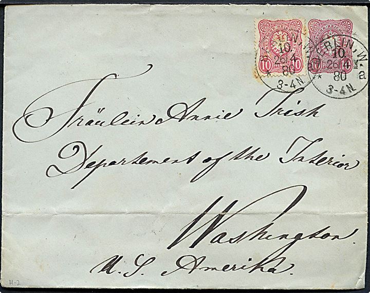 10 pfg. helsagskuvert opfrankeret med 10 pfg. Adler fra Berlin d. 26.4.1880 via New York til Washington, USA. Vandret fold.            