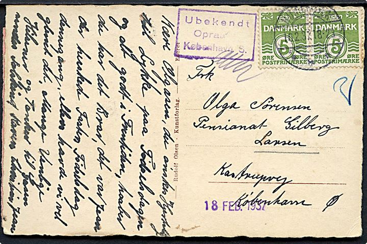 5 øre Bølgelinie (2) på brevkort fra Humlebæk d. 16.2.1937 til København. Rammestempel Ubekendt Opraabt København S..
