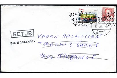 2,80 kr. Margrethe og Julemærke 1985 på brev i Nykøbing F. d. 18.12.1985. Retur med stempel: Utilstrækkelig adresse / Nykøbing Fl. postkontor.