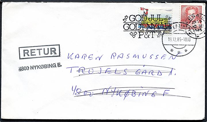 2,80 kr. Margrethe og Julemærke 1985 på brev i Nykøbing F. d. 18.12.1985. Retur med stempel: Utilstrækkelig adresse / Nykøbing Fl. postkontor.