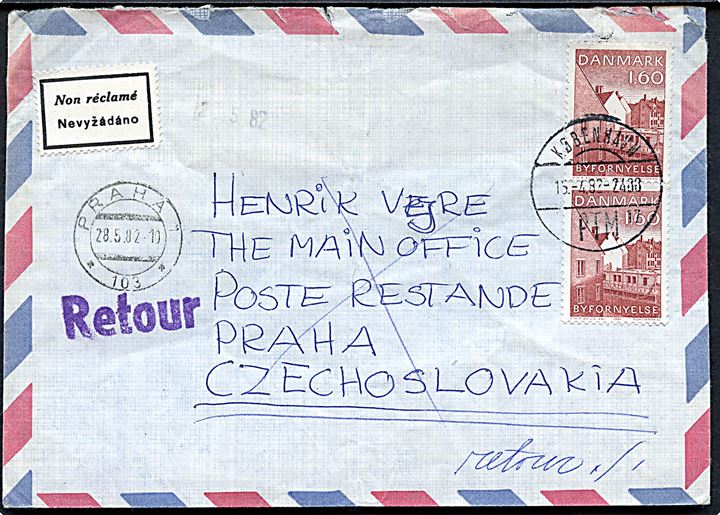 1,60 kr. Byfornyelse i parstykke på luftpostbrev fra København d. 15.4.1982 til poste restante i Prag, Tjekkoslovakiet. Retur som ej afhentet.