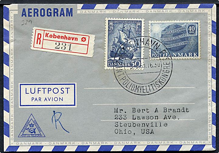 40 øre UPU og 50 øre Søofficersskolen på anbefalet aerogram annulleret med særstempel København Ø 2. Int. Poliomyelitiskongres d. 3.9.1951 til Steubenville, USA.