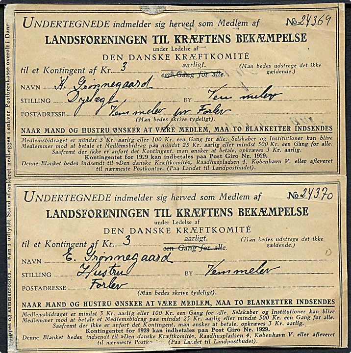 15 øre Karavel (klippet) på indmeldelse af Landsforeningen til Kræftens Bekæmpelse fra Forlev d. 18.12.1928 til København.