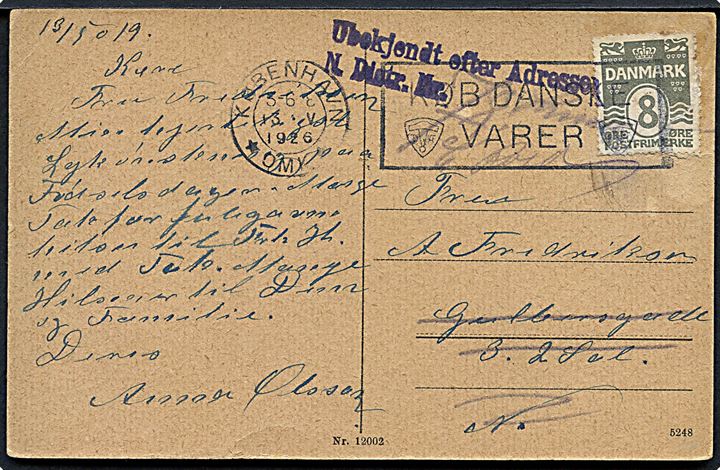 8 øre Bølgelinie på lokalt brevkort i København d. 13.5.1926. Stemplet Ubekjendt efter Adressen.