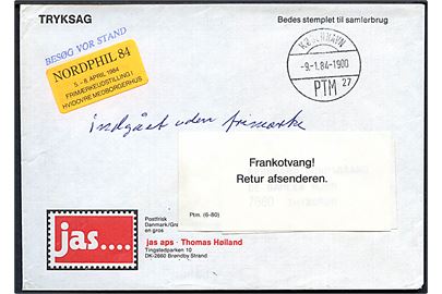Ufrankeret tryksag påskrevet indgået uden frimærke fra København d. 9.1.1984 til Thyborøn. Påsat etiket Ptm. (6-80) Frankotvang! / Retur afsenderen..