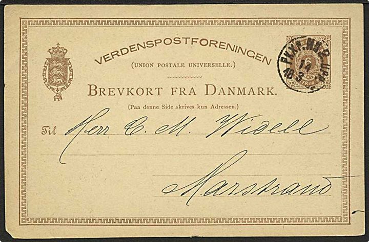 6 øre helsagsbrevkort fra København annulleret med svensk bureaustempel PKXP. No.2 UPP. d. 14.3.1882 til Marstrand, Sverige.