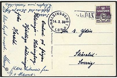 10 øre Bølgelinie på brevkort fra Helsingør, skrevet ombord på færgen og annulleret med svensk skibsstempel Från Danmark og sidestemplet Hälsingborg d. 14.3.1939 til Skäralid, Sverige.