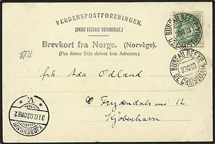 5 øre Posthorn stemplet Bureau Reexp. de Christiania d. 30.12.1903 til København, Danmark.