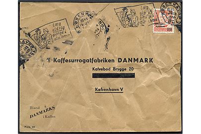 30+5/95 øre Ungarnshjælpen (defekt) på brev kraftigt beskadiget i stemplingsmaskine sendt lokalt i København d. 14.1.1959.