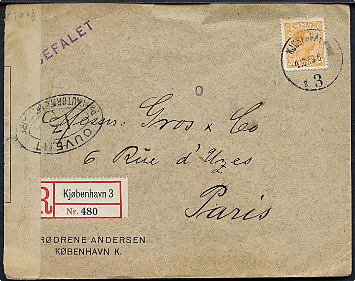 35 øre Chr. X single på anbefalet brev fra Kjøbenhavn d. 4.10.1918 til Paris, Frankrig. Åbnet af fransk censur i Dieppe no. 13.
