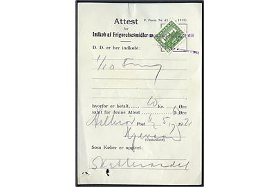 10 øre Genforening annulleret med liniestempel Hillerød postkontor på Attest for Indkøb af Frigørelsesmidler m.v. dateret d. 5.7.1921.