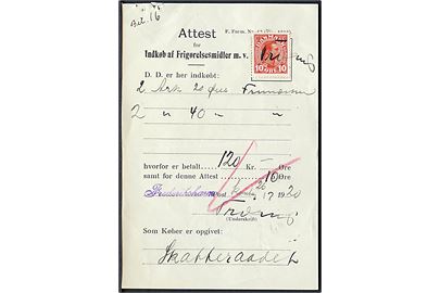 10 øre Chr. X annulleret med blæk på Attest for Indkøb af Frigørelsesmidler m.v. fra Frederikshavn d. 26.7.1920.
