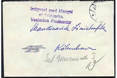 Brev fra Solrød Strand med violet stempel Indgaaet med Mangel af Frimærke. Vesterbro Postkontor til København.