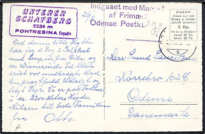 Brevkort fra Schweiz med violet stempel Indgaaet med Mangel af Frimærke. Odense Postkontor til Odense, Danmark.