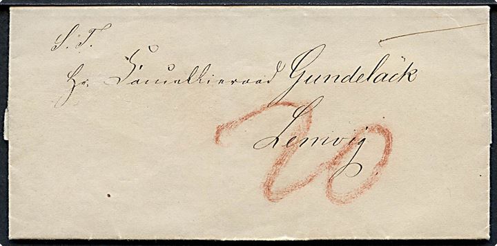 1848. Portobrev med blåligt antiqua Kjøbenhavn d. 1.5.1848 til Lemvig. Påskrevet 20 sk. porto. Fuldt indhold.
