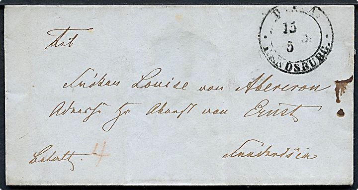 1851. Francobrev mærket Betalt med antiqua B.P.A. Rendsburg d. 15.5.1851 til Fredericia. Påskrevet 4 sk. Laksegl fjernet.