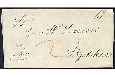 1845. 10 sk. francobrev med fuldt indhold og antiqua Kjøbenhavn d. 8.4.1845 til Skjelskjöer. Påskrevet 2 sk. bærepenge.