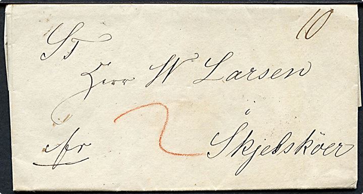 1845. 10 sk. francobrev med fuldt indhold og antiqua Kjøbenhavn d. 8.4.1845 til Skjelskjöer. Påskrevet 2 sk. bærepenge.