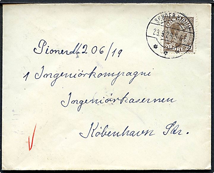 20 øre Chr. X på brev annulleret med brotype IIb Sønder Hygum d. 23.9.1924 til soldat på Ingeniørkasernen i København.
