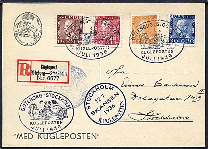 15 öre, 20 öre, 25 öre og 30 öre Gustaf på anbefalet brevkort annulleret med særstempel Göteborg - Stockholm Kugleposten Juli 1936 til Stockholm.
