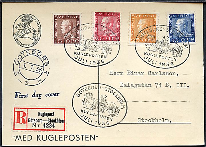15 öre, 20 öre, 25 öre og 30 öre Gustaf på anbefalet brevkort annulleret med særstempel Göteborg - Stockholm Kugleposten Juli 1936 til Stockholm.