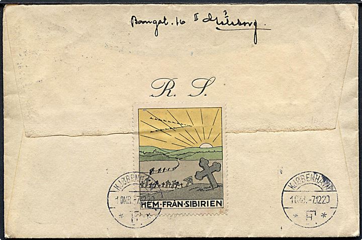20 öre Gustaf II Adolf på brev fra Göteborg d. 6.12.1920 til København, Danmark. På bagsiden interessant velgørenhedsmærkat vedr. krigsfanger i Rusland Hem från Sibirien.