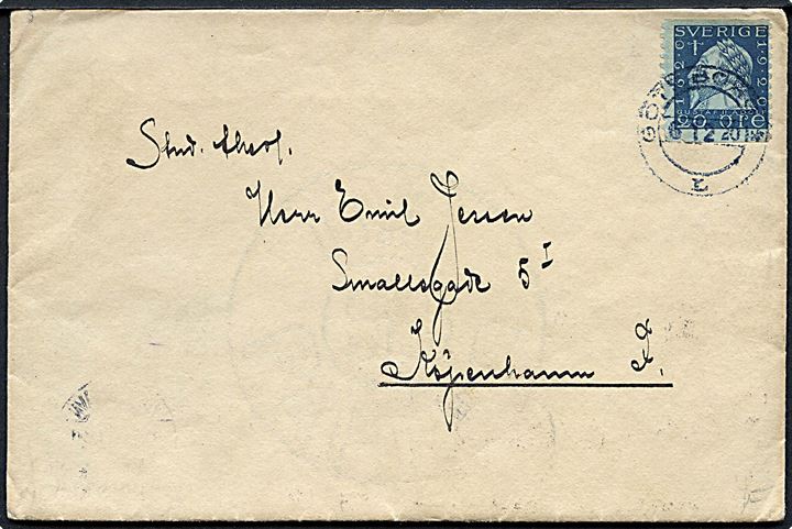 20 öre Gustaf II Adolf på brev fra Göteborg d. 6.12.1920 til København, Danmark. På bagsiden interessant velgørenhedsmærkat vedr. krigsfanger i Rusland Hem från Sibirien.