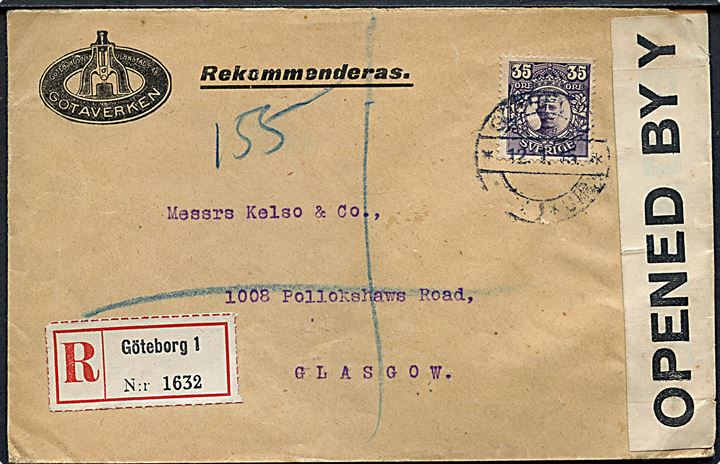 35 öre Gustaf single på anbefalet brev fra Göteborg d. 12.1.1915 via London til Glasgow, England. Åbnet af britisk censur no. 187.