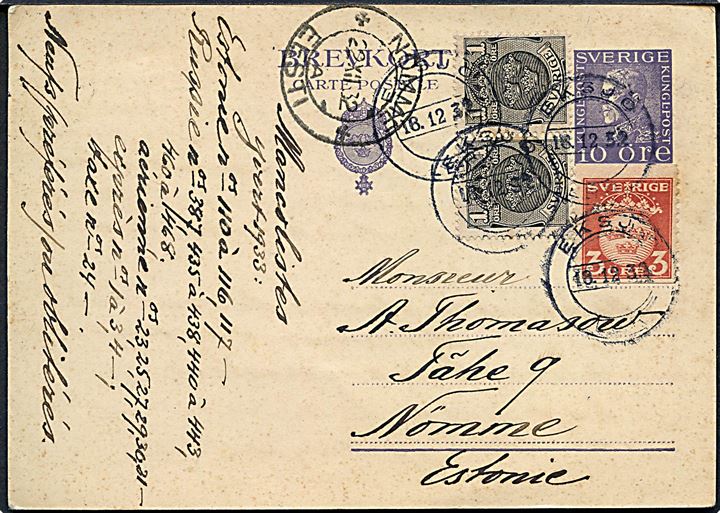 10 öre helsagsbrevkort opfrankeret med 1 öre (par) og 3 öre Tre Kroner fra Eksjö d. 16.12.1932 til Nomme, Estland.
