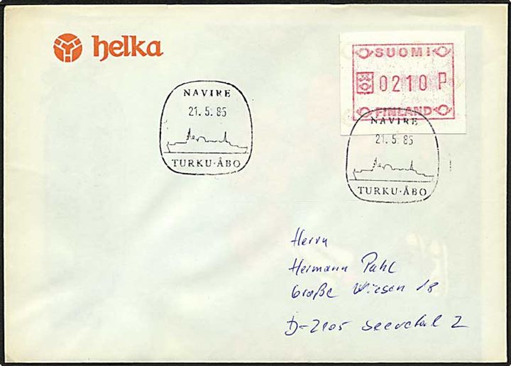 2,10 mk. frama-frankeret brev annulleret med skibsstempel NAVIRE Turku-Åbo d. 21.5.1985 til Tyskland.