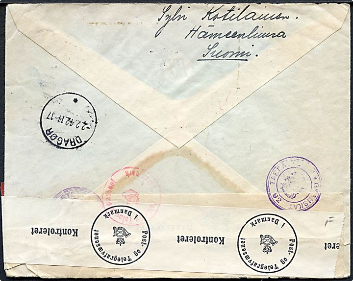 Østkarelen 50 p. og 2,75 mk. Itä-Karjala, samt div. finske udg., på luftpost ekspresbrev fra Hämmeenlinna d. 31.1.1942 til Dragør, Danmark. Åbnet af dansk og finsk censur.