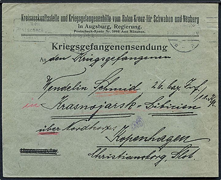 Ufrankeret krigsfangebrev fra Røde Kors i Augsburg d. 4.6.1919 til tysk krigsfange i Krasnojarsk, Sibirien via Nordkors i København, Danmark.