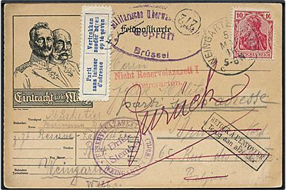 10 pfg. Germania (skadet) på illustreret feltpostkort fra Weingarten d. 5.5.1916 til Brüssel, Belgien. Retur med flere stempler.