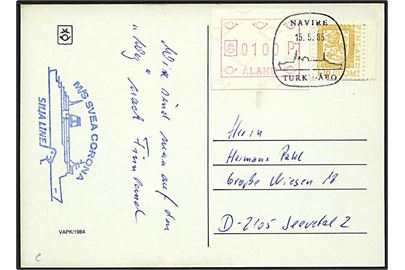 Åland 1 mk. frama-mærkat og finsk 1,10 mk. Løve udg. på brevkort stemplet Navire Turku-Åbo d. 15.5.1985 til Tyskland. Privat skibsstempel M/S Svea Corona.