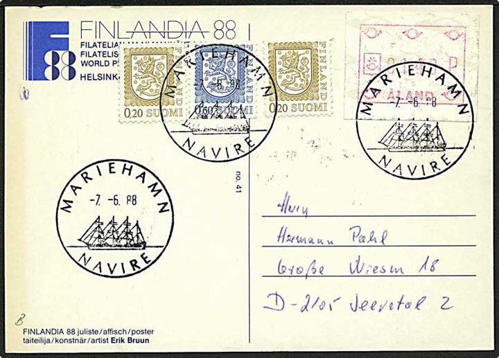 Åland 1,40 mk. Frama-mærkat og finske Løve udg. på brevkort stemplet Mariehamn Navire d. 7.6.1988 til Tyskland.