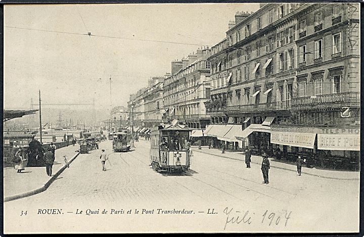 Rouen, La Quai de Paris et le Pont Transbordeur med sporvogne. No. 34.