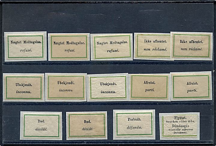 Planche med 2-sprogede Retur-etiketter, flere forskellige, bl.a. den meget sjældne etiket: Forbudt.  
