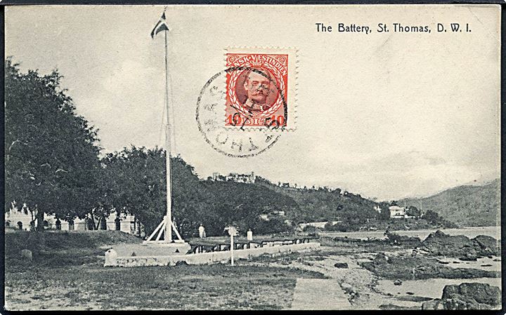 D.V.I., St. Thomas, The Battery. Lightbourn u/no. Frankeret med 10 bit Fr. VIII stemplet St. Thomas d. 15.11.1911 til Frankrig.
