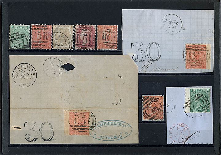 Britiske postkontor på St. Thomas. 5 løse mærker og 4 brevklip med Victoria udg. alle annulleret med stempler fra det britiske postkontor C51 benyttet i St. Thomas. Flot sammenstilling.