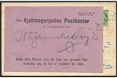 5 øre helsagsbrevkort opfrankeret med 5 øre Posthorn fra Bergen d. 23.8.1919 til København, Danmark. Påsat forespørgselsetiket fra Købmagergades Postkontor Opm. Form. Nr. 18. 50.000 29.6.17
